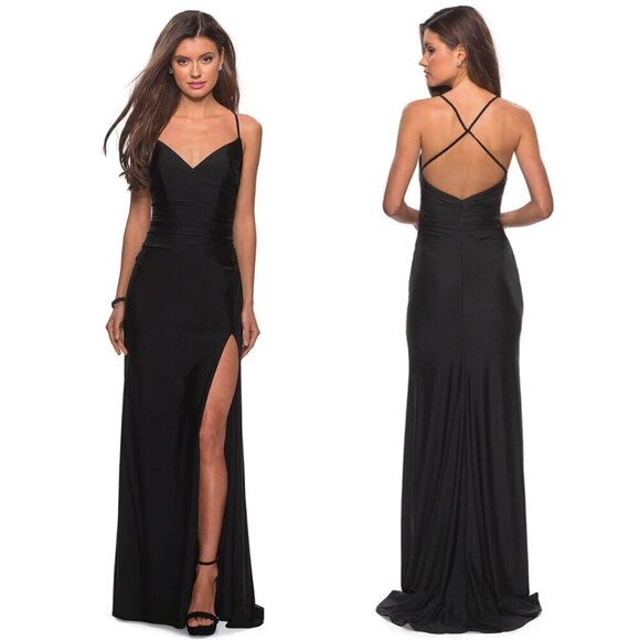 LA FEMME Cross Back Satin Jersey Trumpet Gown in Black Size US 12 - Picture 1 of 9